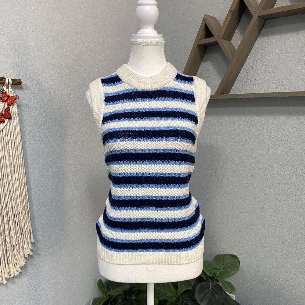 LOFT BLUE WHITE BLACK KNIT SLEEVELESS PULLOVER SWEATER VEST COASTAL ACADEMIA